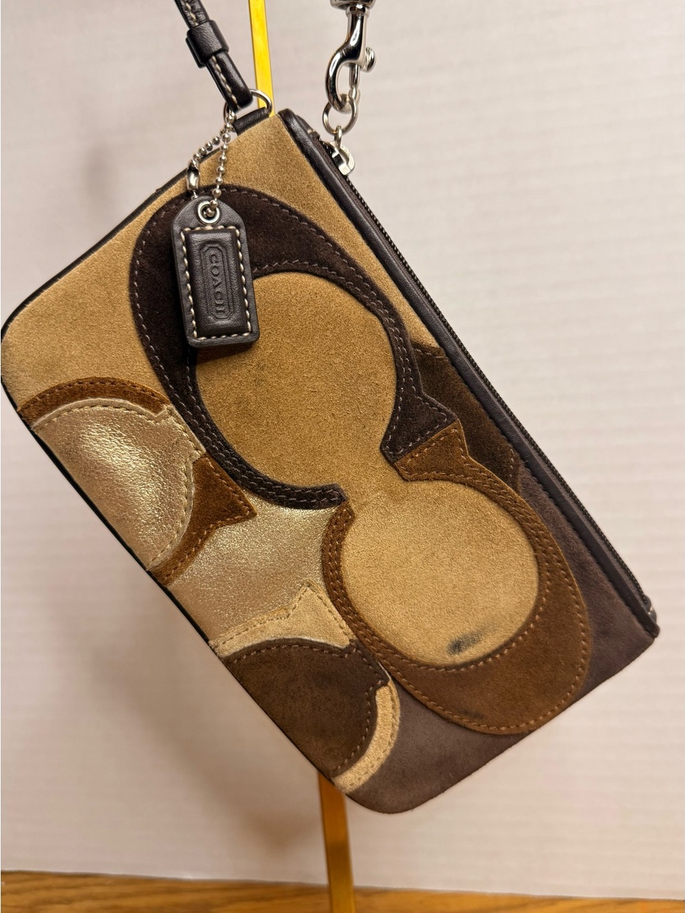 Coach Signature Patchwork Suede Wristlet Brown Tan Leather Pouch Y2K - Picture 6 of 12